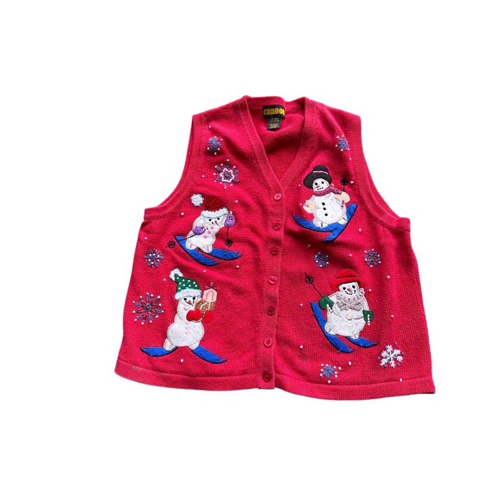 Vintage Condor Red Skiing Snowman Sweater Vest Womens Large‎ Christmas Holiday